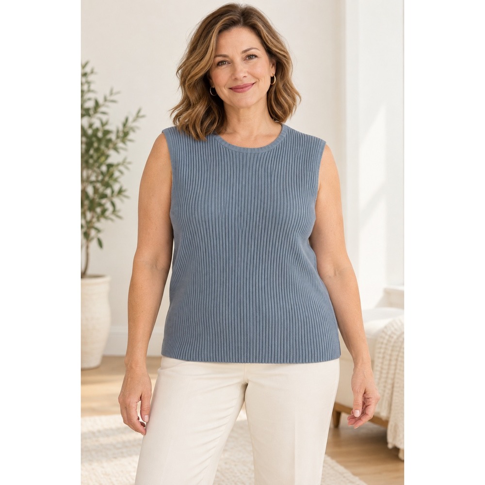 Talbots Ribbed Sleeveless Sweater Top Womens Size XL Blue Pullover Pima Cotton